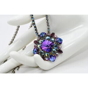 Vintage Jewel Tone Rhinestone Pendant Necklace Aurora Borealis Chain